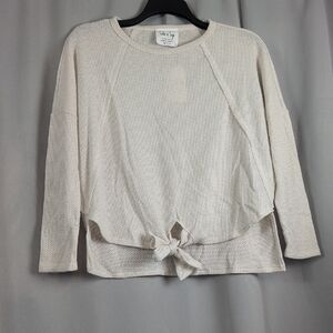 Sadie & Sage Cream Waffle Knit Tie-Front Top Cozy Raglan Long Sleeve Medium New